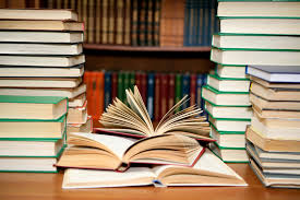 stack of books in a library